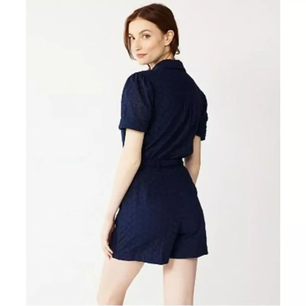 Draper James Eyelet Belted Puff Sleeve Romper  - Navy M - Picture 2 of 9